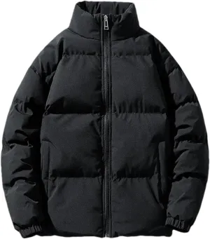 Men Stand Collar Solid Oversized Cotton-Padded Jacket Thicken Classic Stripe Zipper Parka Coat