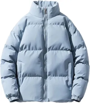 Men Stand Collar Solid Oversized Cotton-Padded Jacket Thicken Classic Stripe Zipper Parka Coat