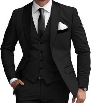 Mens 3 Pieces Classic Suit Black Satin Collar Wedding Blazer Grooms Jackets Vests Pants Suits