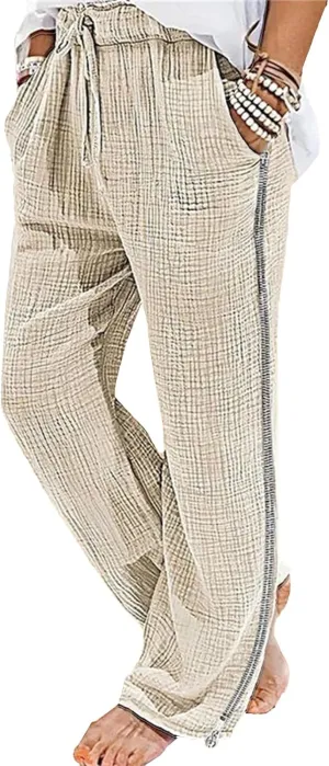 Men's Baggy Casual Elastic Waist Chino Pants Cotton Linen Solid Outdoor Pants Straight Leg Comfort Beach Trousers