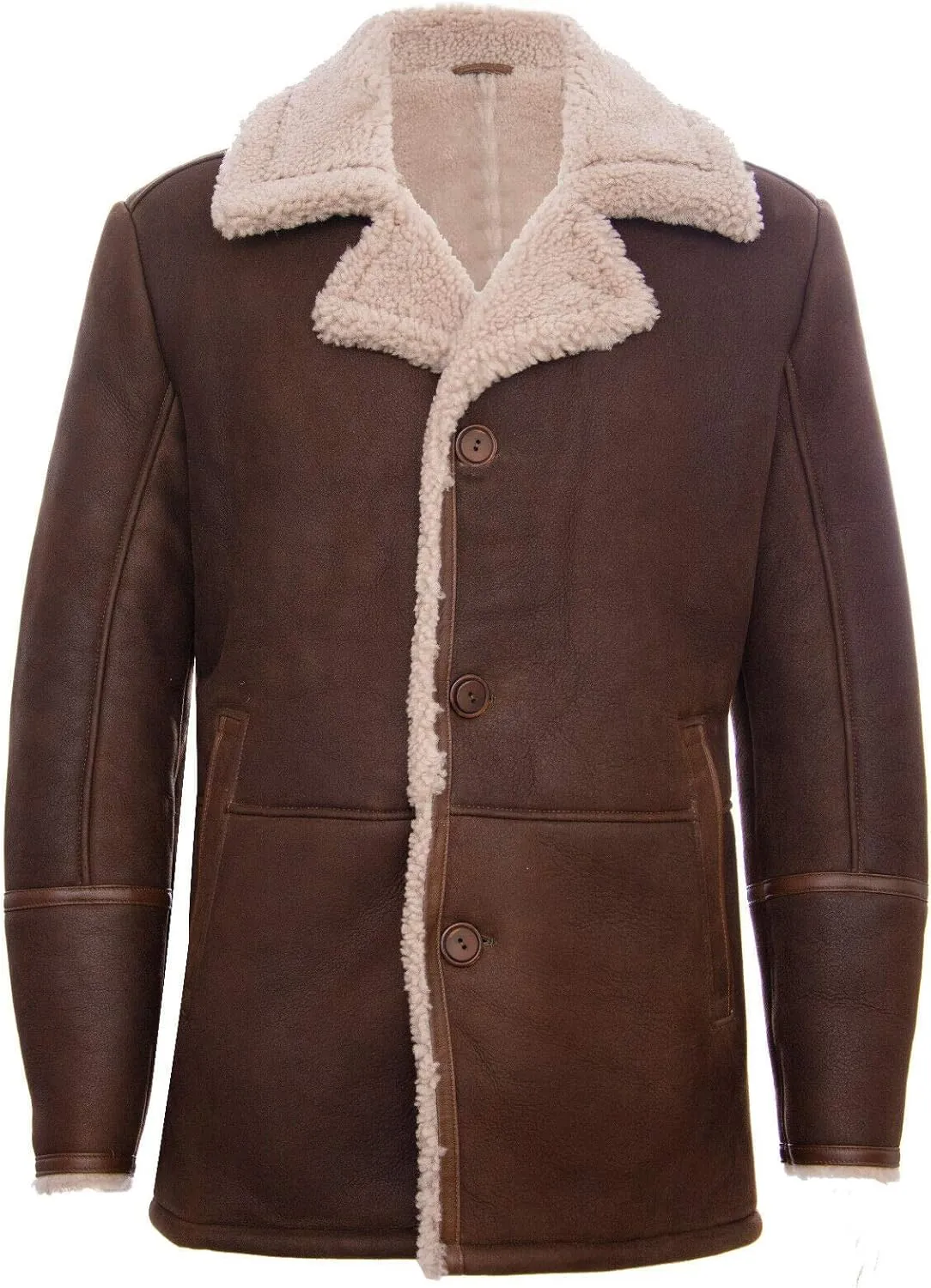 Mens Brown German Classic Real Sheepskin Shearling Leather Cromby Jacket Coat