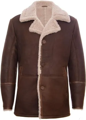 Mens Brown German Classic Real Sheepskin Shearling Leather Cromby Jacket Coat