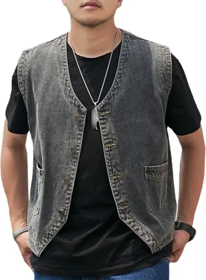 Men's Casual Oversized Denim Vest Double Pocket Sleeveless Jean Men Jacket Big & Tall Outdoor Work Vests
