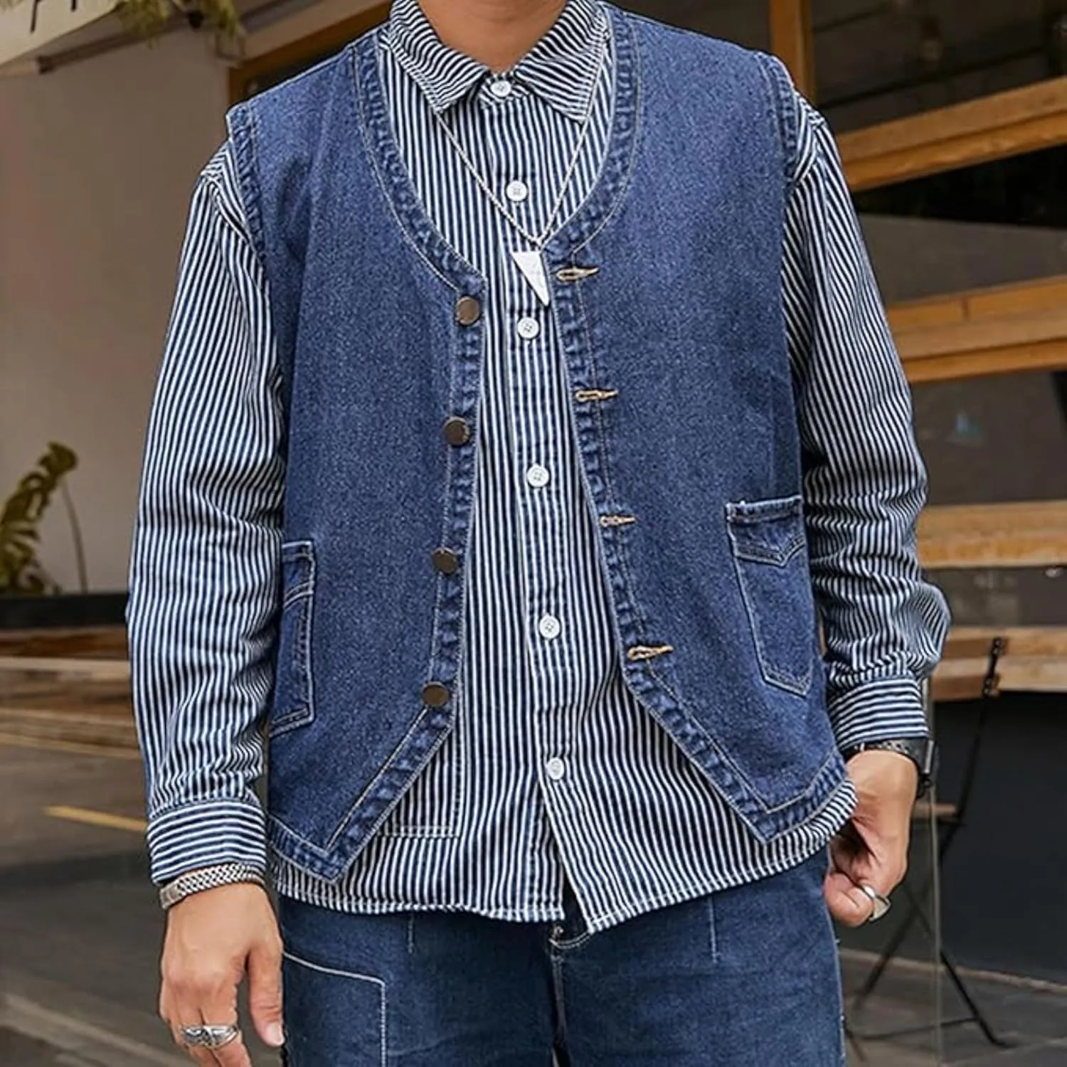 Men's Casual Oversized Denim Vest Double Pocket Sleeveless Jean Men Jacket Big & Tall Outdoor Work Vests