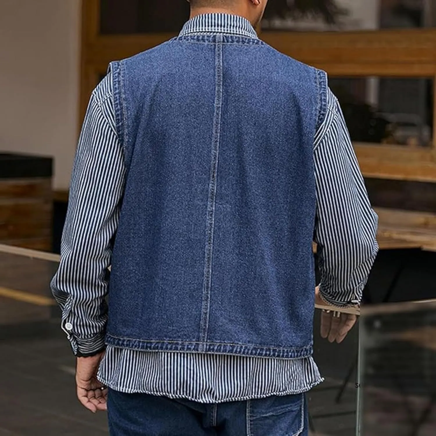 Men's Casual Oversized Denim Vest Double Pocket Sleeveless Jean Men Jacket Big & Tall Outdoor Work Vests
