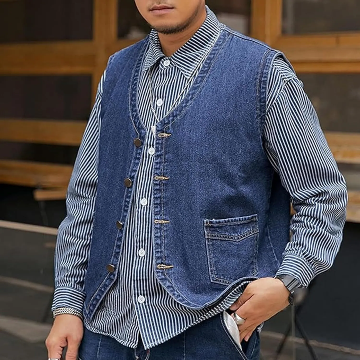 Men's Casual Oversized Denim Vest Double Pocket Sleeveless Jean Men Jacket Big & Tall Outdoor Work Vests
