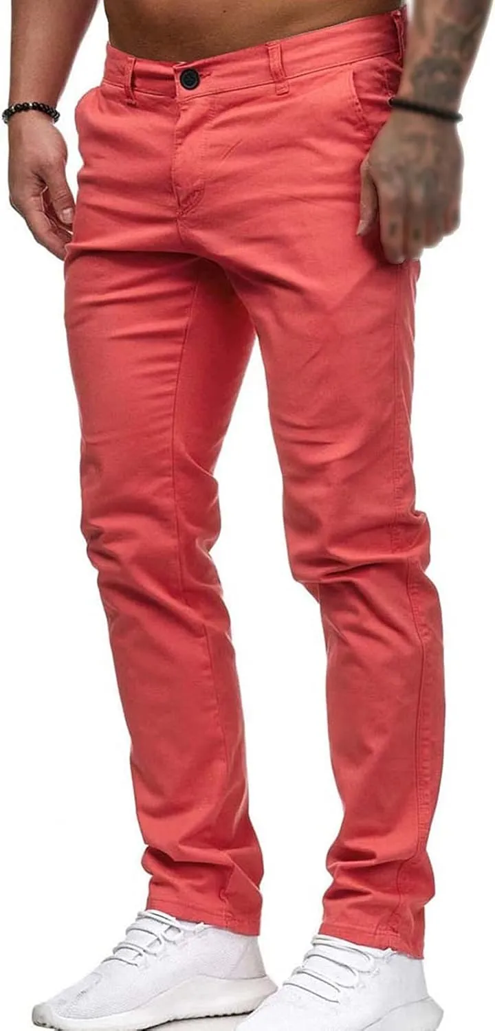 Men's Classic Lightweight Chino Pants Flat Front Comfort Stretch Solid Pant Casual Basic Straight Fit Trousers