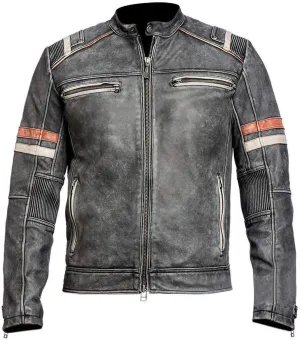 Mens Classic Vintage Elite Cafe Racer Retro Motorcycle Distressed Biker Moto Stripe Leather Jacket for men
