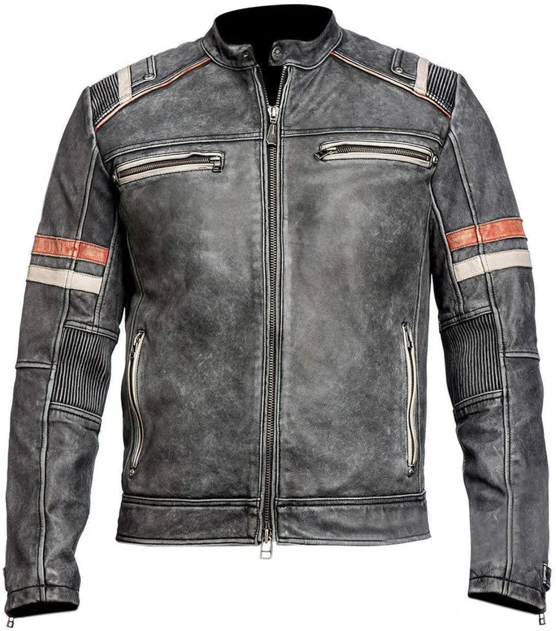 Mens Classic Vintage Elite Cafe Racer Retro Motorcycle Distressed Biker Moto Stripe Leather Jacket for men