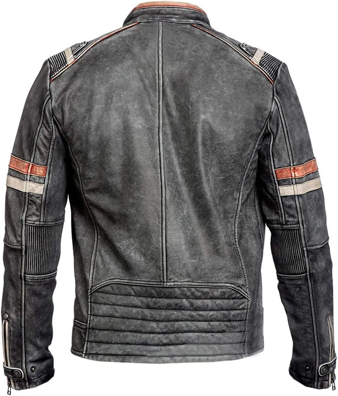 Mens Classic Vintage Elite Cafe Racer Retro Motorcycle Distressed Biker Moto Stripe Leather Jacket for men