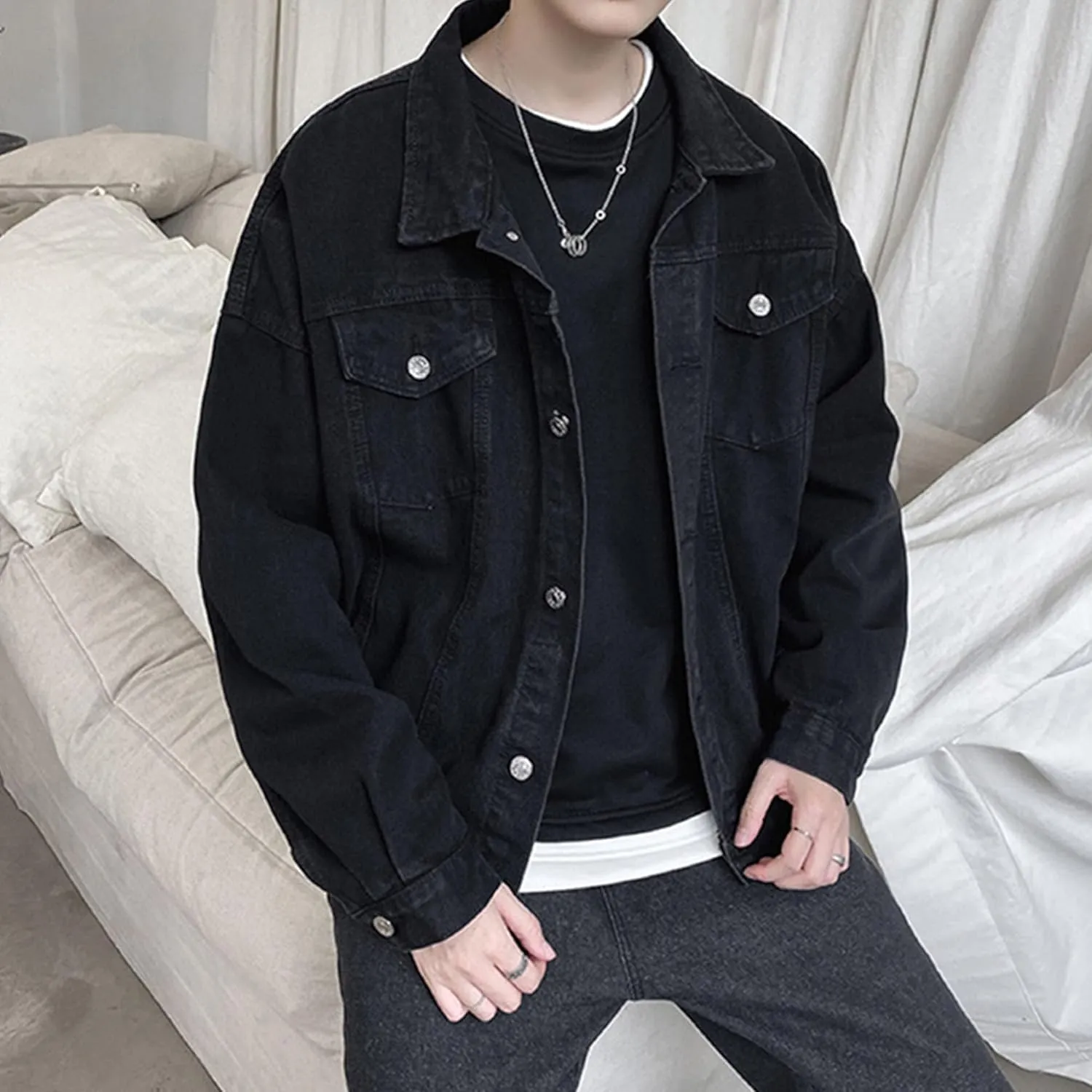 Mens Classic Washed Denim Jacket Slim Fit Trucker Cowboy Jackets Button Front Casual Mens Jean Coat