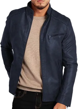 Men's Comfort Leather Jacket Zipper Biker Bomber Leathers Coat Stand Collar Motorcycle PU Jackets