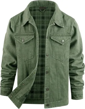Men's Cowboy Flannel Lined Coat Rugged Wear Vintage Denim Jacket Plaid Button Casual Trucker Coat