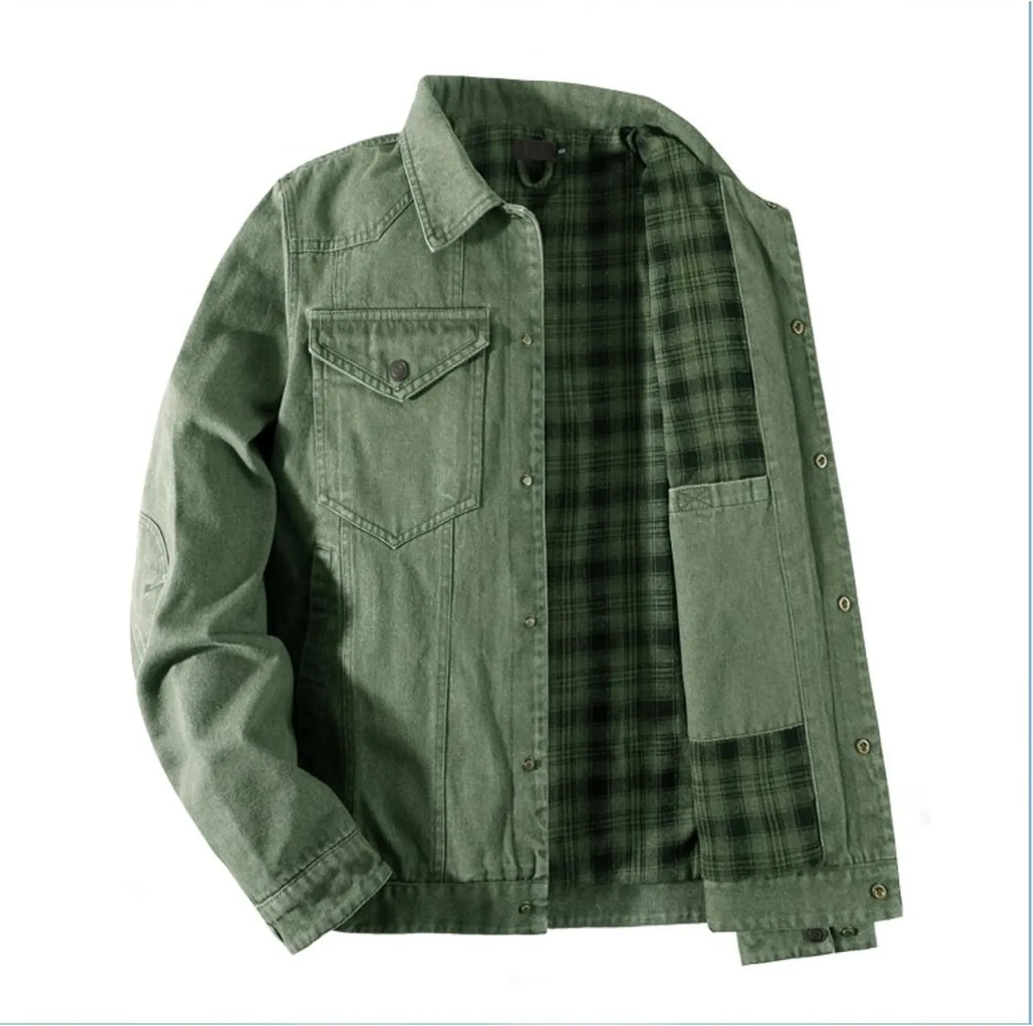 Men's Cowboy Flannel Lined Coat Rugged Wear Vintage Denim Jacket Plaid Button Casual Trucker Coat