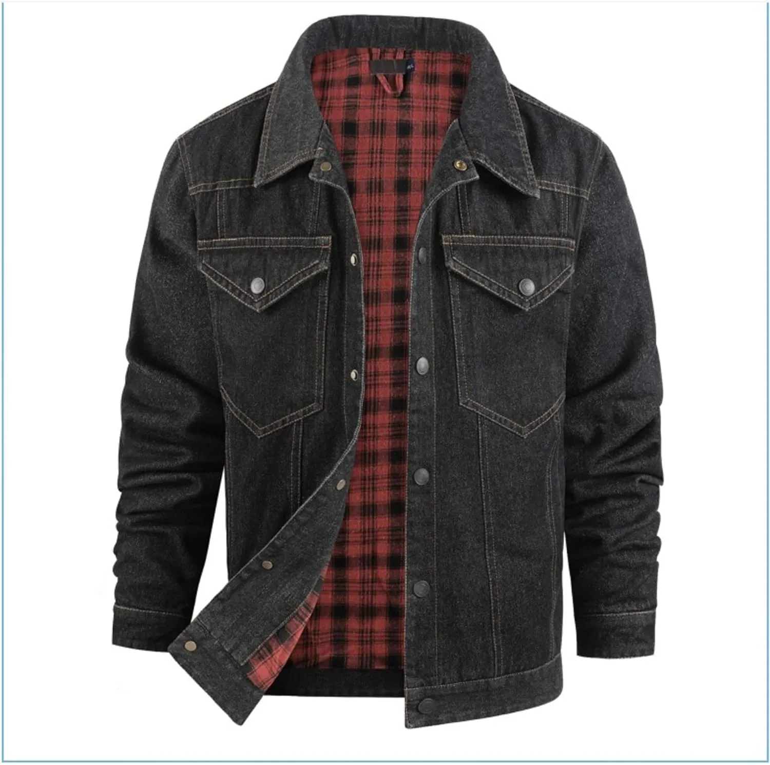 Men's Cowboy Flannel Lined Coat Rugged Wear Vintage Denim Jacket Plaid Button Casual Trucker Coat