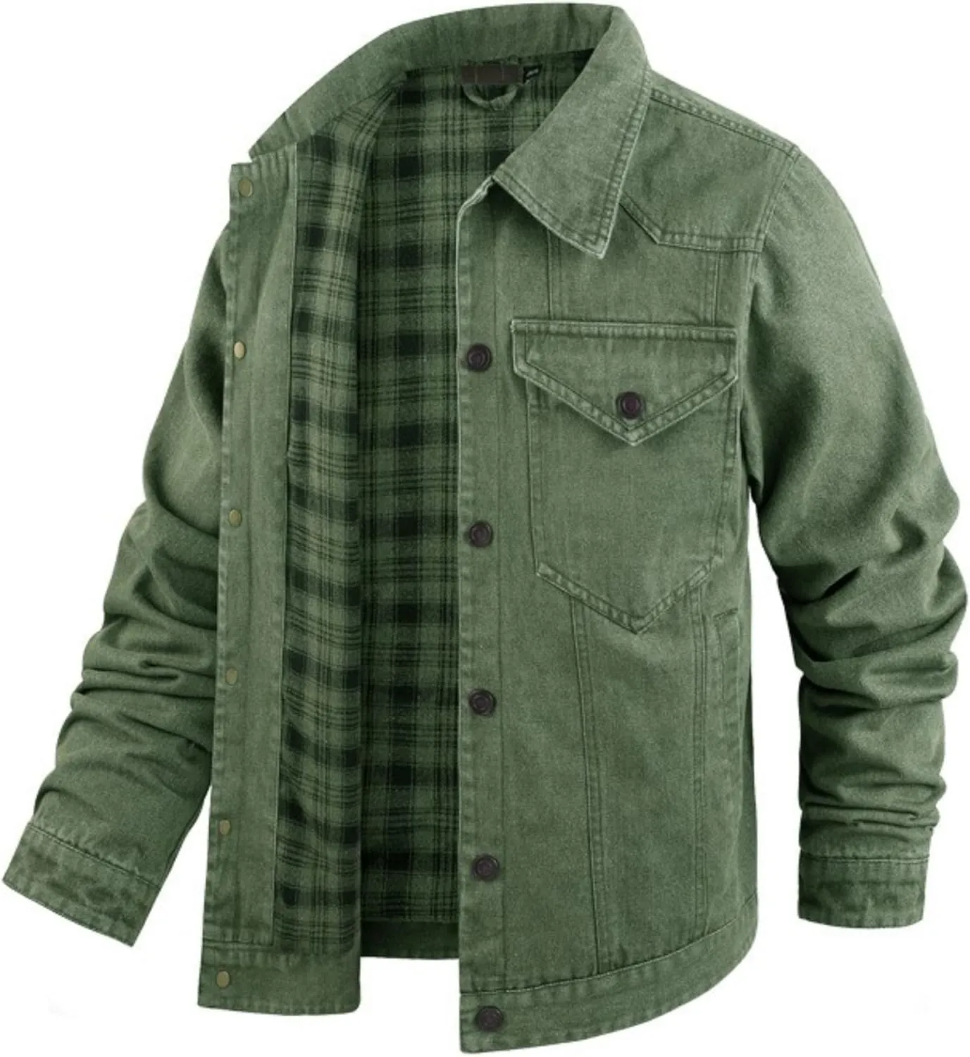 Men's Cowboy Flannel Lined Coat Rugged Wear Vintage Denim Jacket Plaid Button Casual Trucker Coat