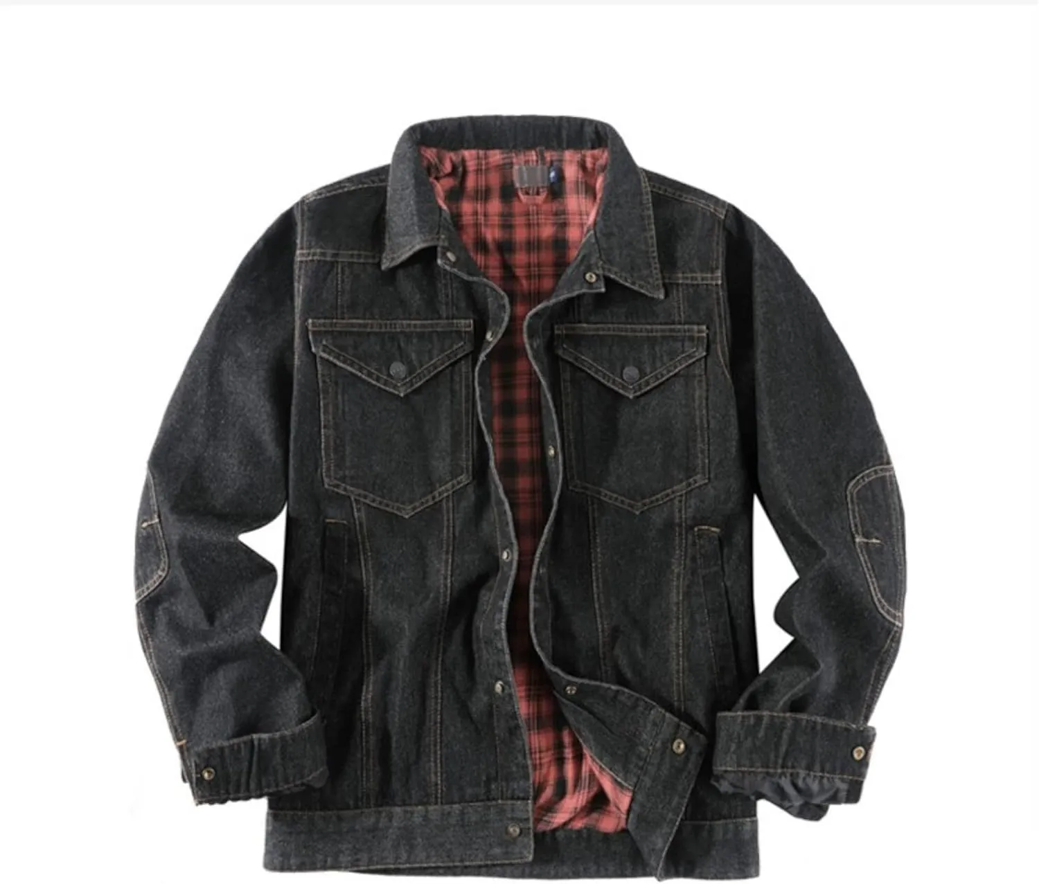 Men's Cowboy Flannel Lined Coat Rugged Wear Vintage Denim Jacket Plaid Button Casual Trucker Coat