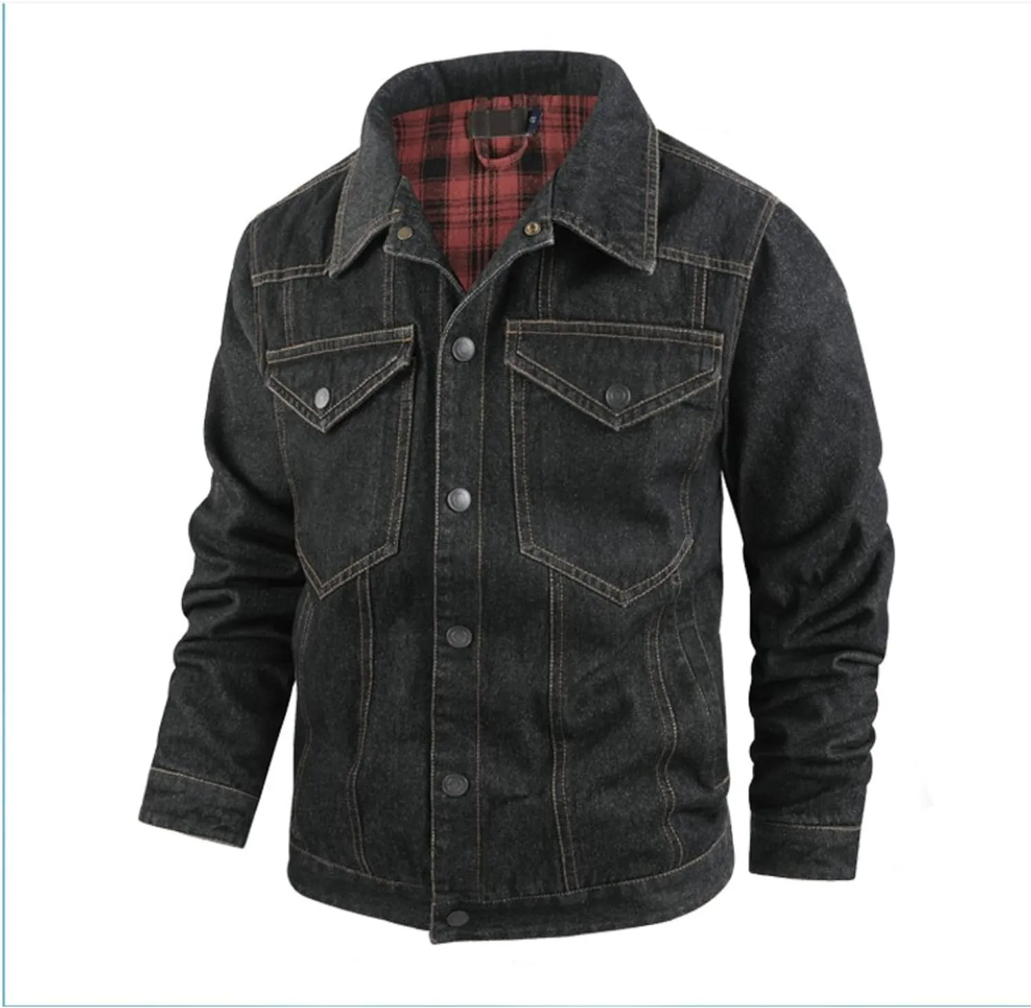 Men's Cowboy Flannel Lined Coat Rugged Wear Vintage Denim Jacket Plaid Button Casual Trucker Coat
