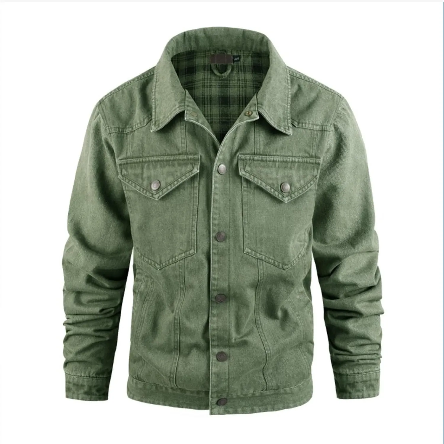 Men's Cowboy Flannel Lined Coat Rugged Wear Vintage Denim Jacket Plaid Button Casual Trucker Coat