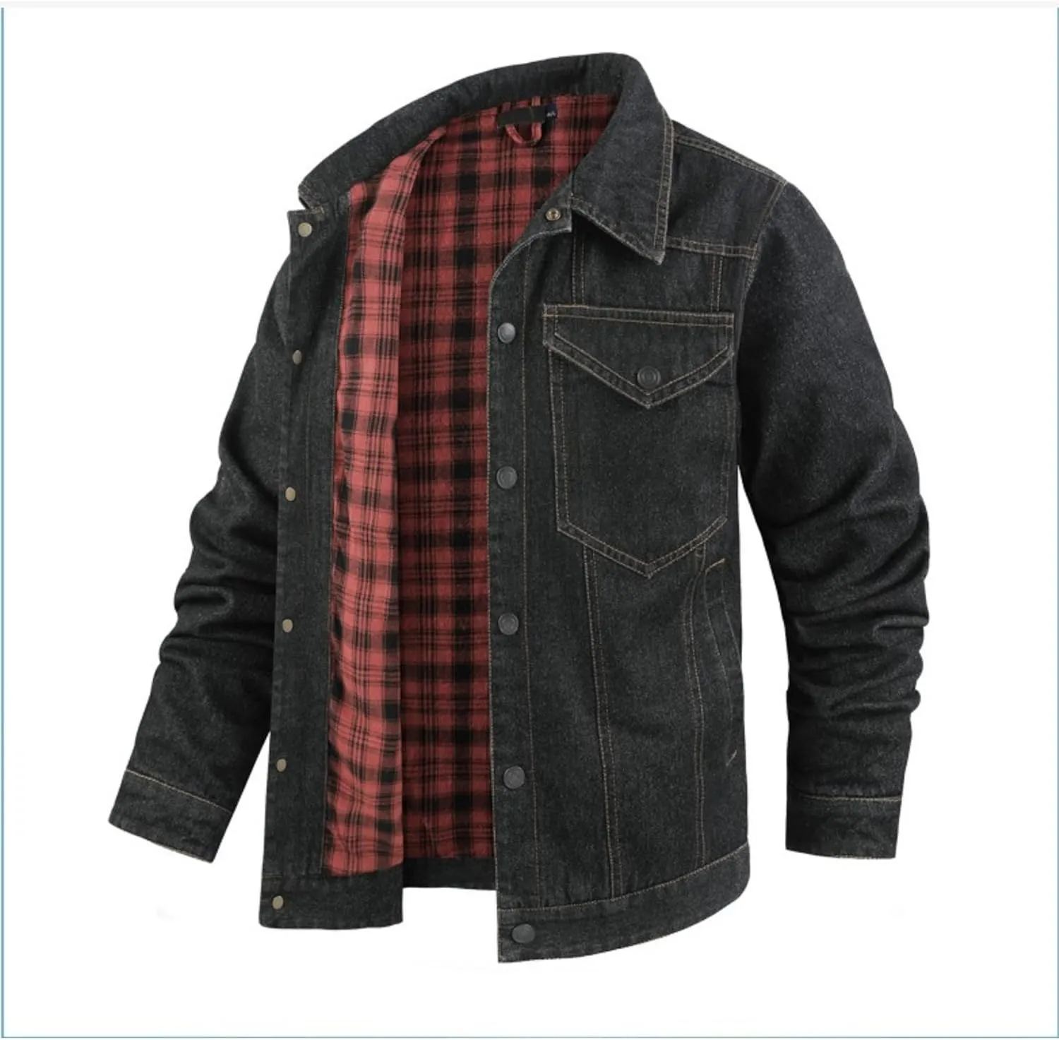 Men's Cowboy Flannel Lined Coat Rugged Wear Vintage Denim Jacket Plaid Button Casual Trucker Coat