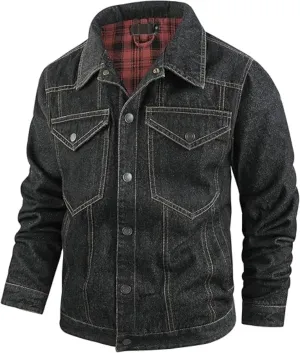 Men's Cowboy Flannel Lined Coat Rugged Wear Vintage Denim Jacket Plaid Button Casual Trucker Coat