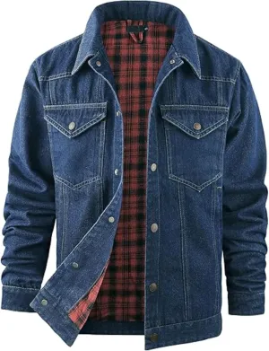 Men's Cowboy Flannel Lined Coat Rugged Wear Vintage Denim Jacket Plaid Button Casual Trucker Coat