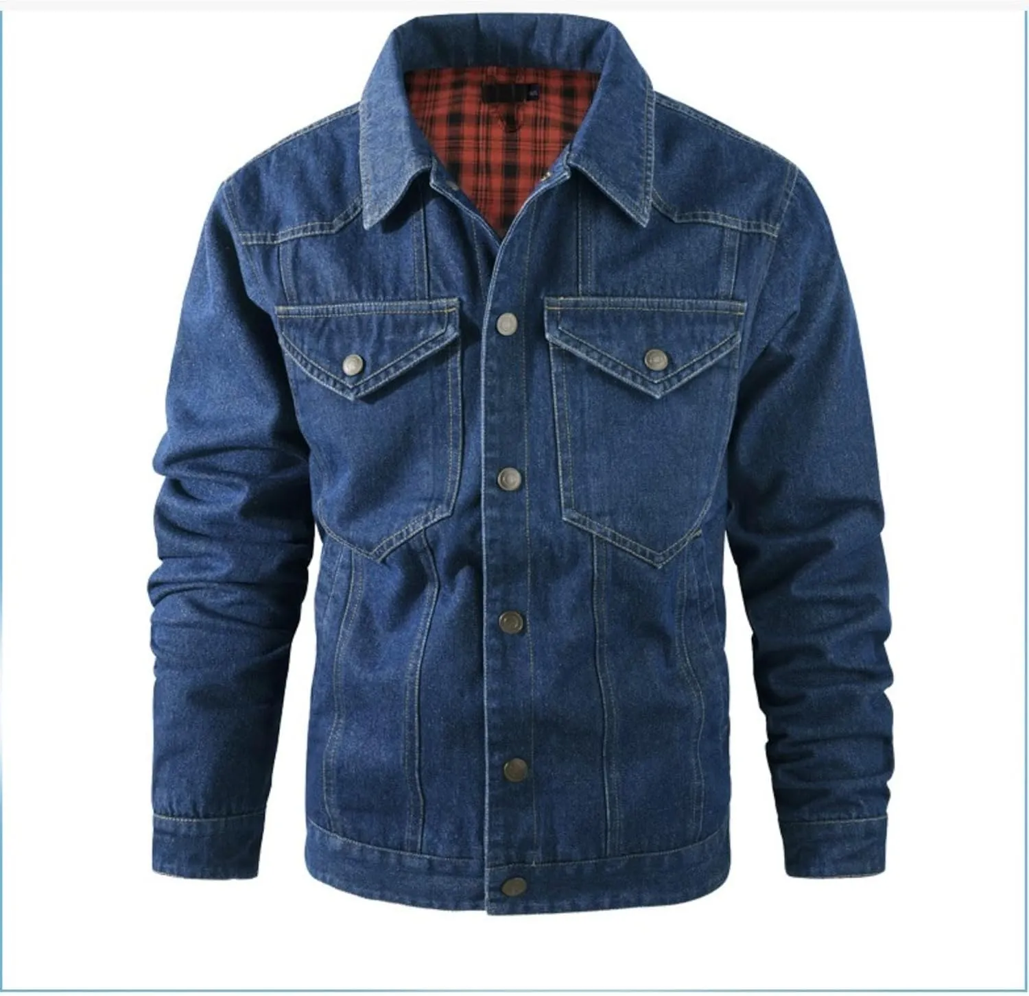 Men's Cowboy Flannel Lined Coat Rugged Wear Vintage Denim Jacket Plaid Button Casual Trucker Coat
