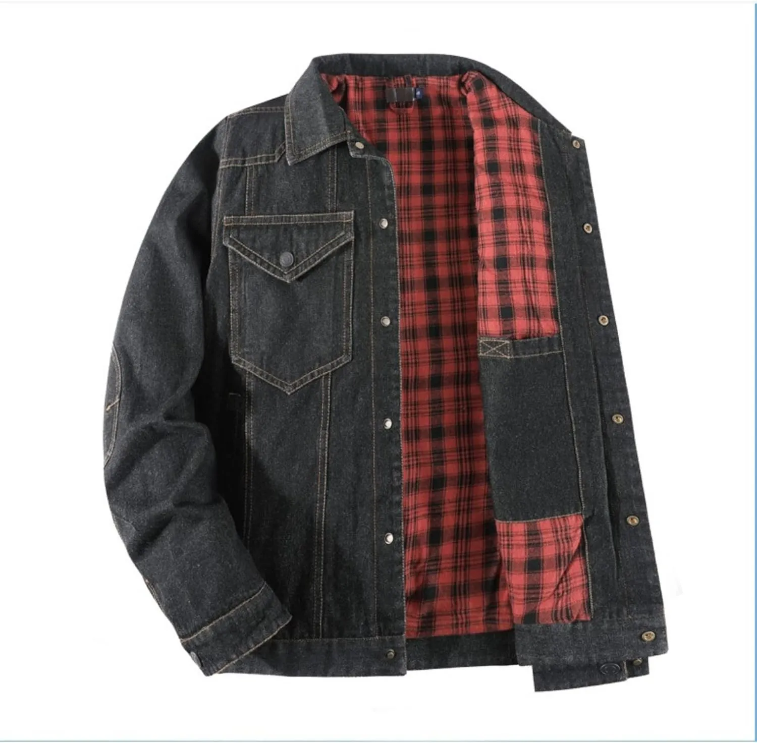 Men's Cowboy Flannel Lined Coat Rugged Wear Vintage Denim Jacket Plaid Button Casual Trucker Coat