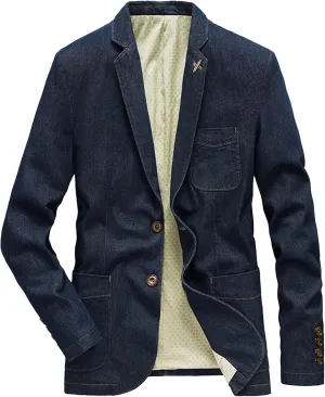 Men's Denim Blazer Two Button Jacket Slim Lapel Washed Suit Jackets Business Blazer Casual Sport Coat
