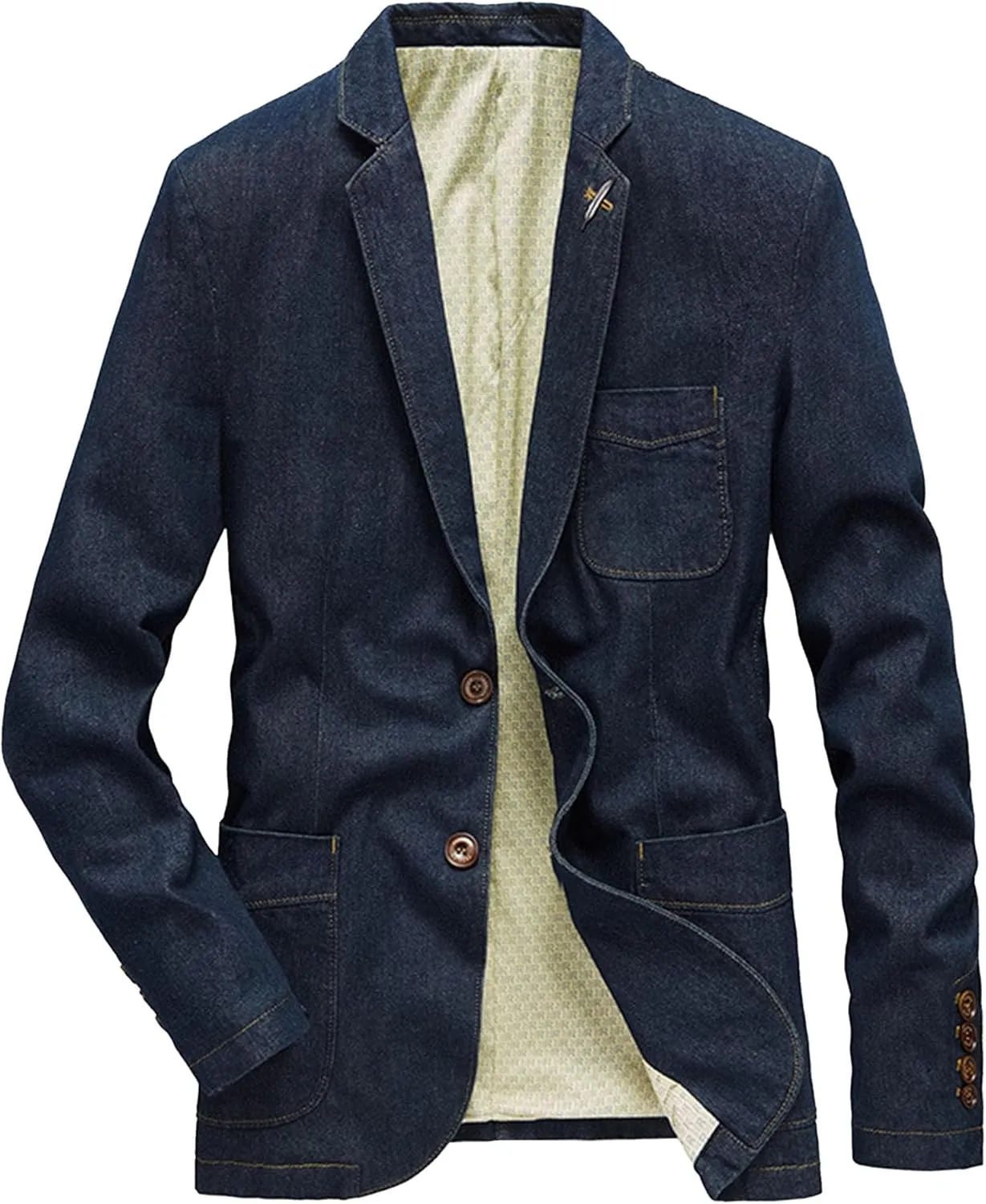 Men's Denim Blazer Two Button Jacket Slim Lapel Washed Suit Jackets Business Blazer Casual Sport Coat