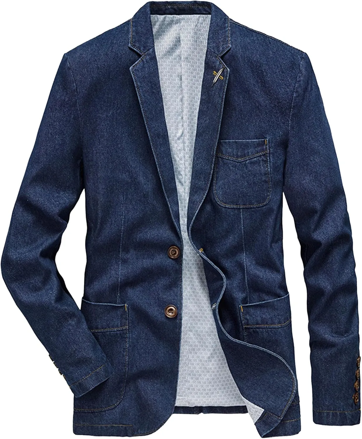Men's Denim Blazer Two Button Jacket Slim Lapel Washed Suit Jackets Business Blazer Casual Sport Coat