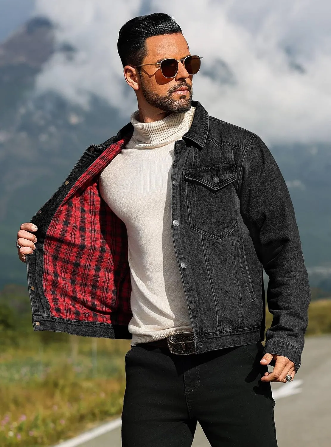 Men's Denim Jacket with Flannel Lined Jean Jackets for Winter Vintage Cowboy Cut Snap Closure Classic Heavy Duty