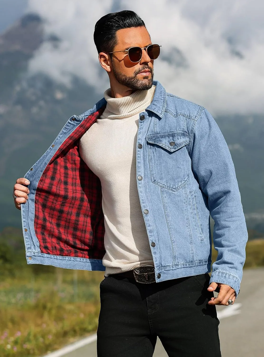 Men's Denim Jacket with Flannel Lined Jean Jackets for Winter Vintage Cowboy Cut Snap Closure Classic Heavy Duty