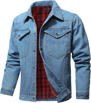 Men's Denim Jacket with Flannel Lined Jean Jackets for Winter Vintage Cowboy Cut Snap Closure Classic Heavy Duty