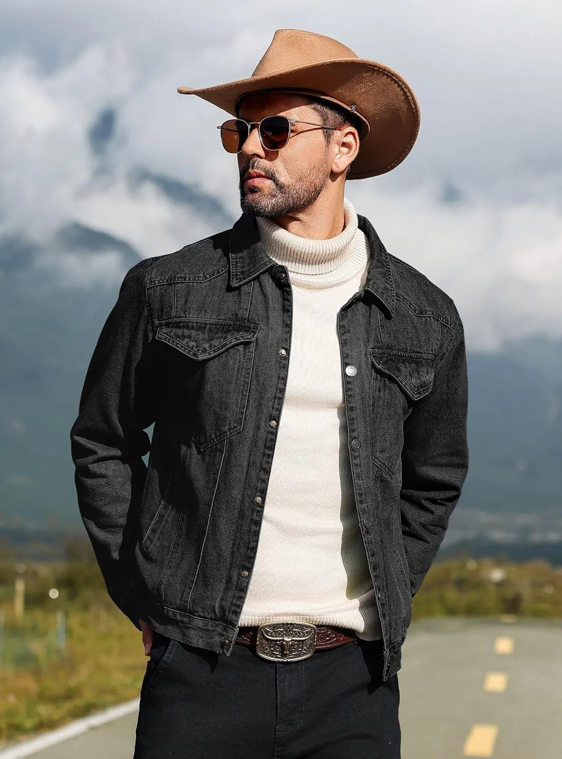 Men's Denim Jacket with Flannel Lined Jean Jackets for Winter Vintage Cowboy Cut Snap Closure Classic Heavy Duty