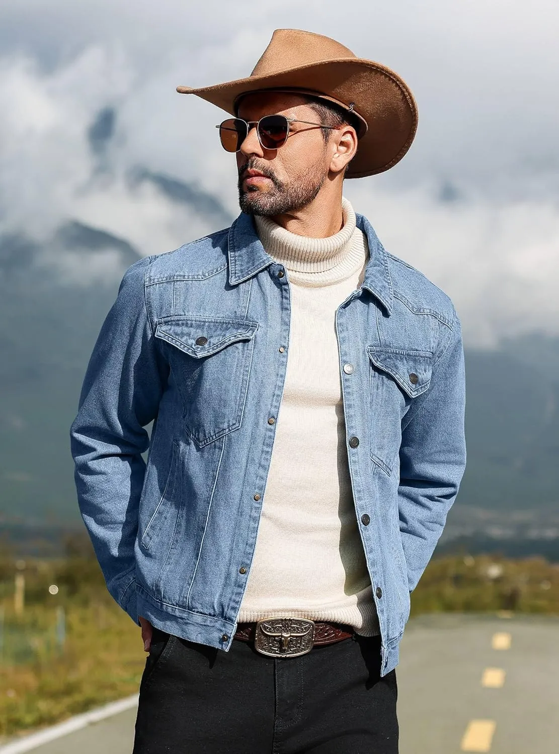 Men's Denim Jacket with Flannel Lined Jean Jackets for Winter Vintage Cowboy Cut Snap Closure Classic Heavy Duty
