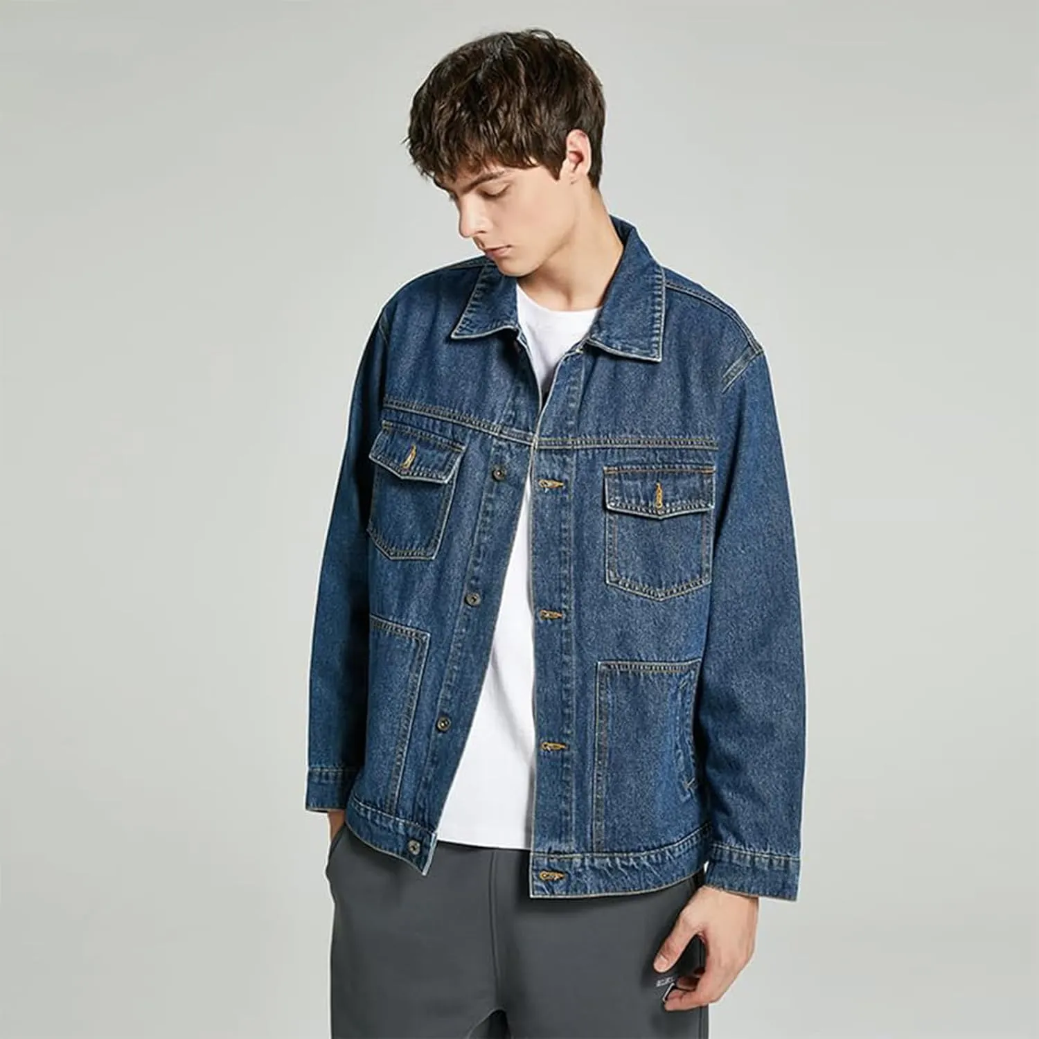 Men's Denim Jacket,Classic Crewneck Cowboy Jacket for Men,Spring and Autumn Vintage Workwear Denim Shirt