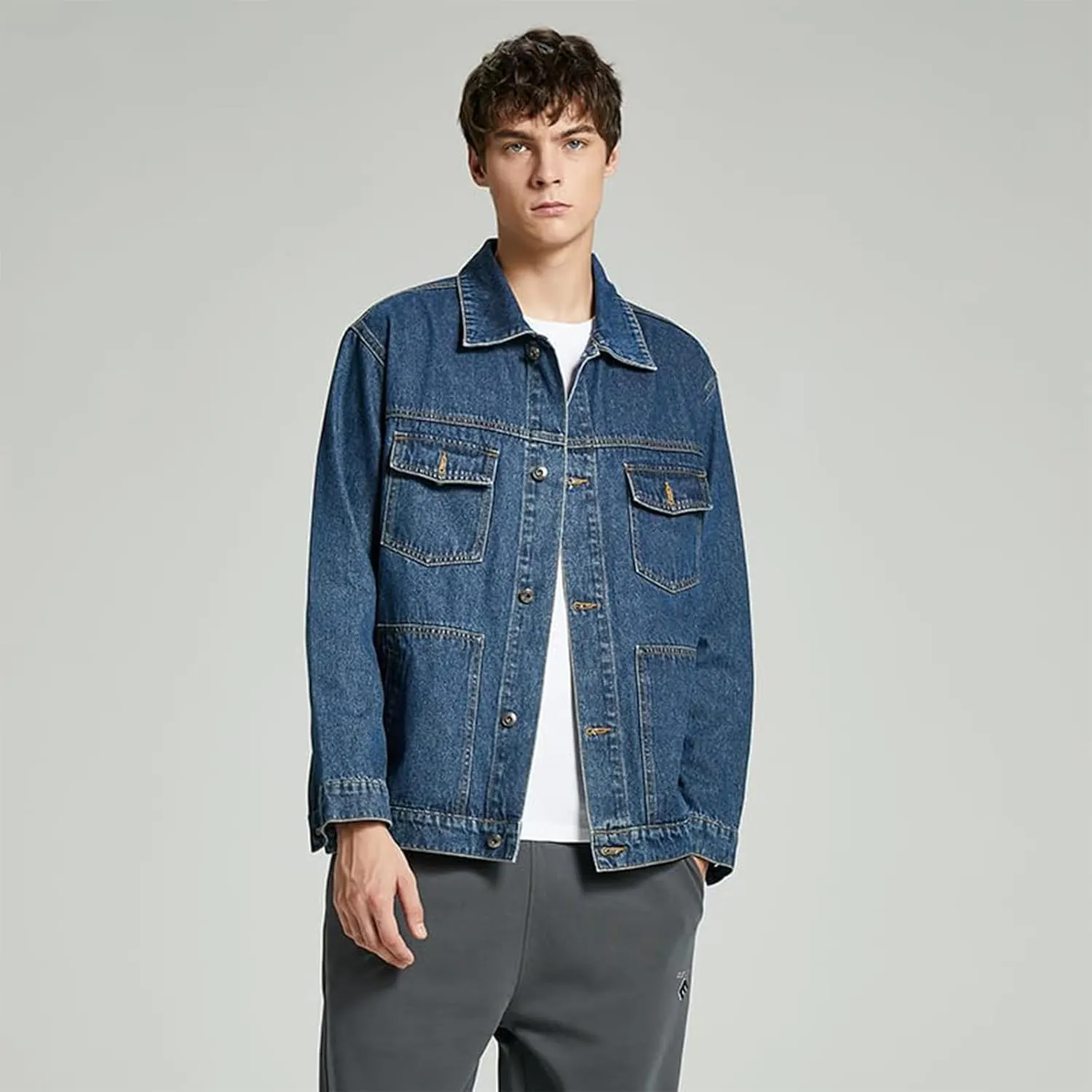 Men's Denim Jacket,Classic Crewneck Cowboy Jacket for Men,Spring and Autumn Vintage Workwear Denim Shirt