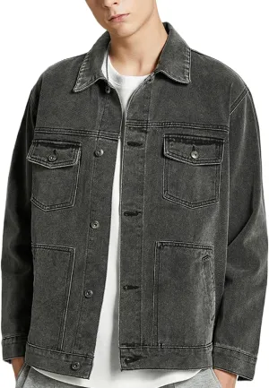 Men's Denim Jacket,Classic Crewneck Cowboy Jacket for Men,Spring and Autumn Vintage Workwear Denim Shirt
