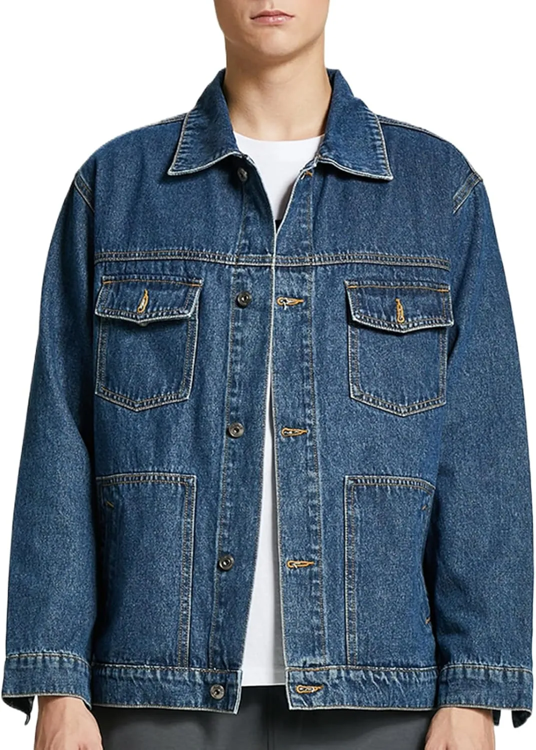 Men's Denim Jacket,Classic Crewneck Cowboy Jacket for Men,Spring and Autumn Vintage Workwear Denim Shirt