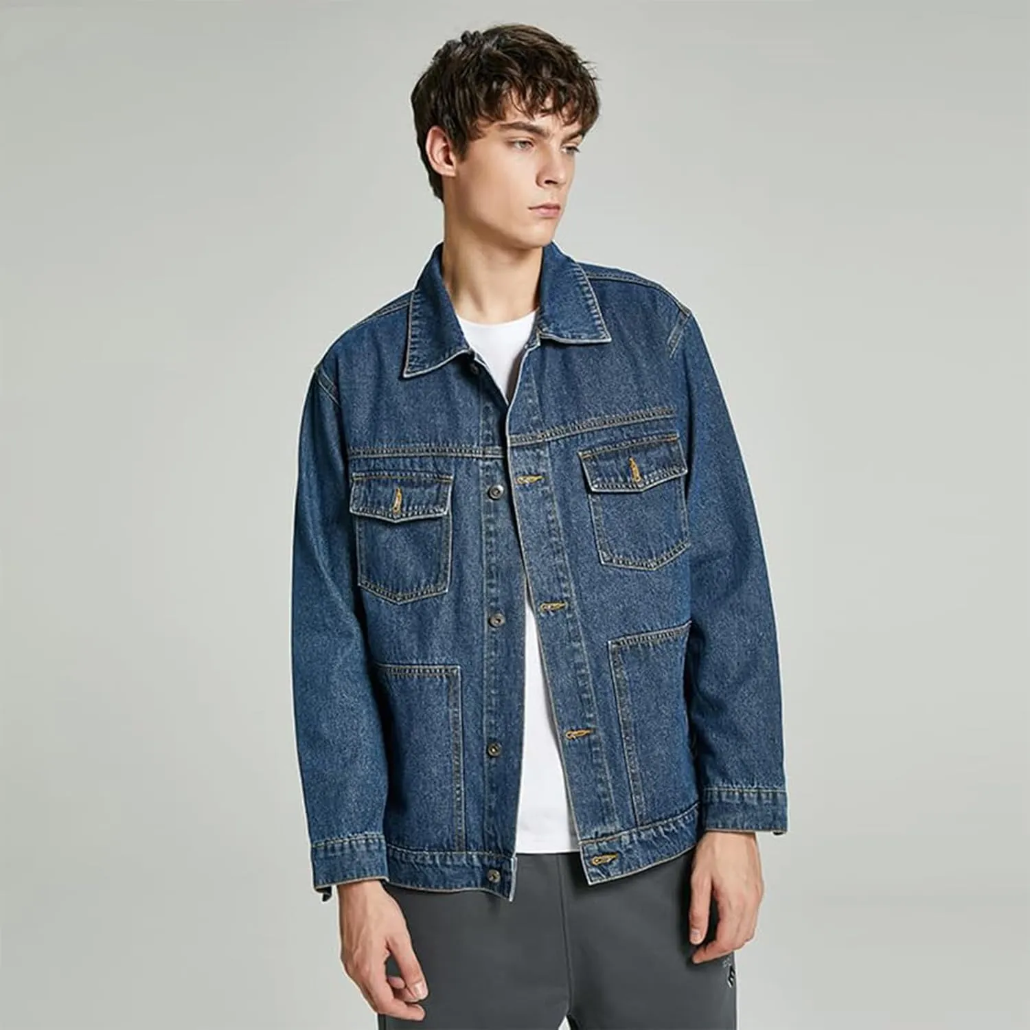 Men's Denim Jacket,Classic Crewneck Cowboy Jacket for Men,Spring and Autumn Vintage Workwear Denim Shirt