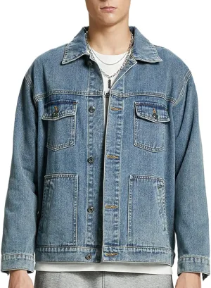 Men's Denim Jacket,Classic Crewneck Cowboy Jacket for Men,Spring and Autumn Vintage Workwear Denim Shirt