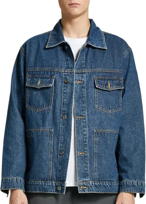 Men's Denim Jacket,Classic Crewneck Cowboy Jacket for Men,Spring and Autumn Vintage Workwear Denim Shirt