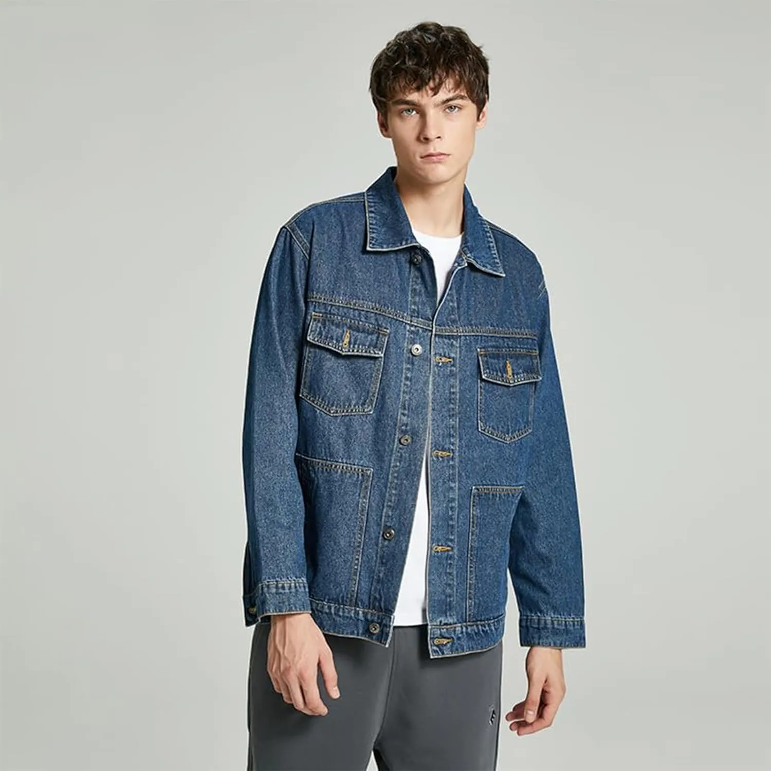 Men's Denim Jacket,Classic Crewneck Cowboy Jacket for Men,Spring and Autumn Vintage Workwear Denim Shirt