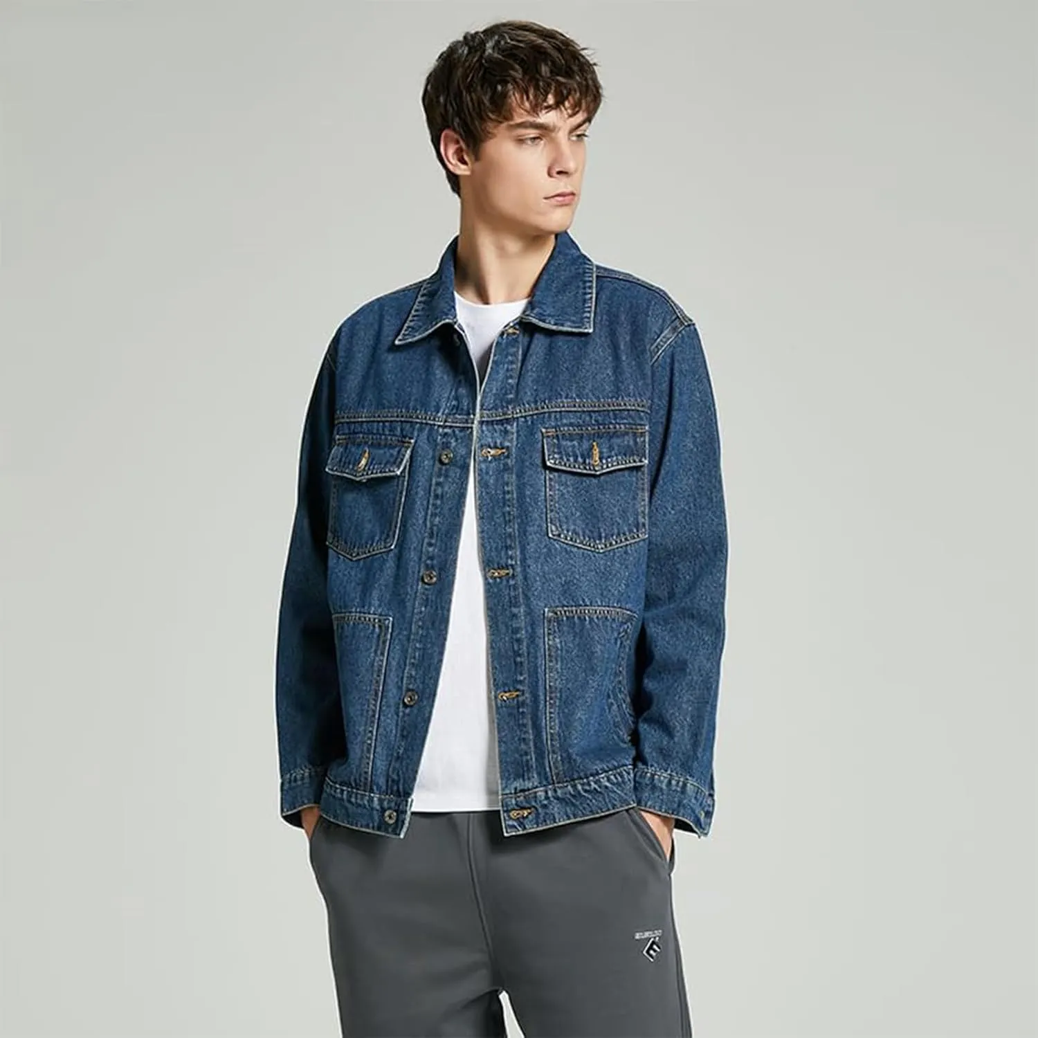 Men's Denim Jacket,Classic Crewneck Cowboy Jacket for Men,Spring and Autumn Vintage Workwear Denim Shirt