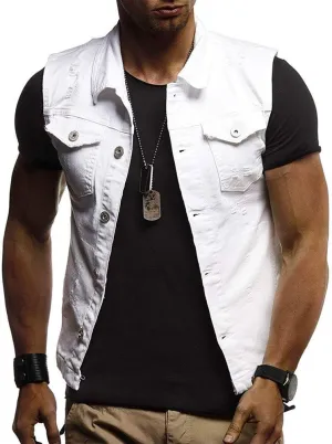 Men's Denim Vest Casual Slim Fit Ripped Classic Button Down Sleeveless Jean Jackets Stretch Vintage Cowboy Waistcoats