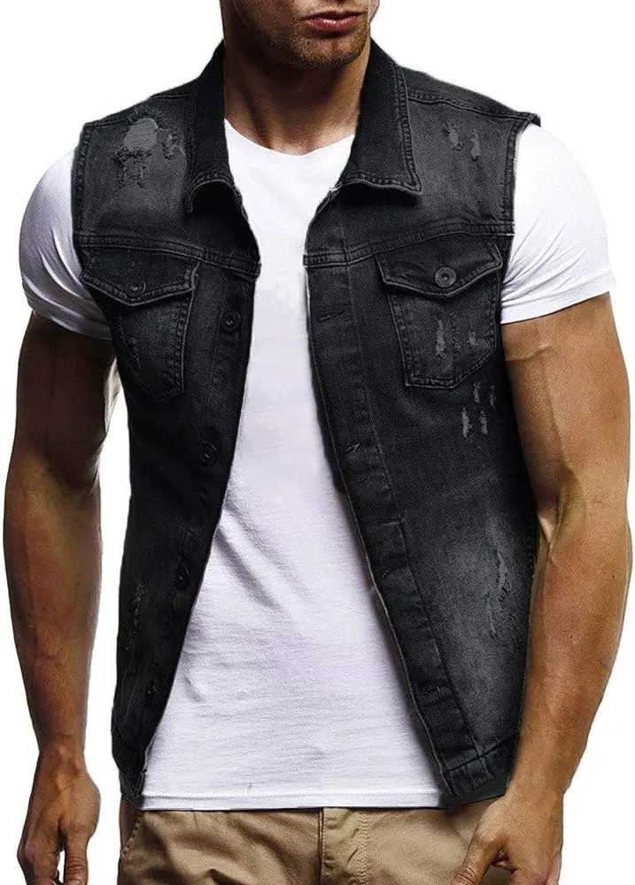 Men's Denim Vest Casual Slim Fit Ripped Classic Button Down Sleeveless Jean Jackets Stretch Vintage Cowboy Waistcoats