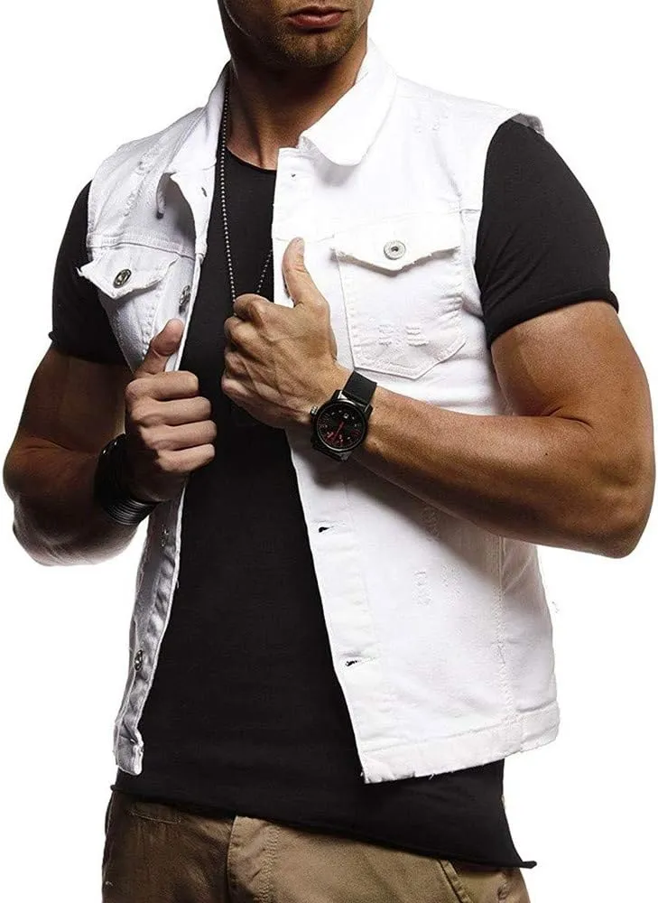 Men's Denim Vest Casual Slim Fit Ripped Classic Button Down Sleeveless Jean Jackets Stretch Vintage Cowboy Waistcoats