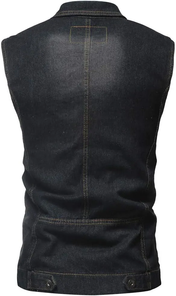 Men's Denim Vest Casual Slim Fit Ripped Classic Button Down Sleeveless Jean Jackets Stretch Vintage Cowboy Waistcoats