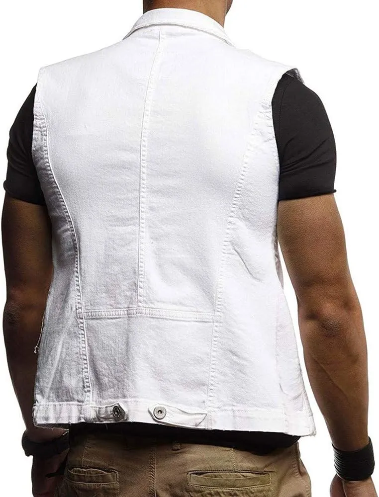 Men's Denim Vest Casual Slim Fit Ripped Classic Button Down Sleeveless Jean Jackets Stretch Vintage Cowboy Waistcoats